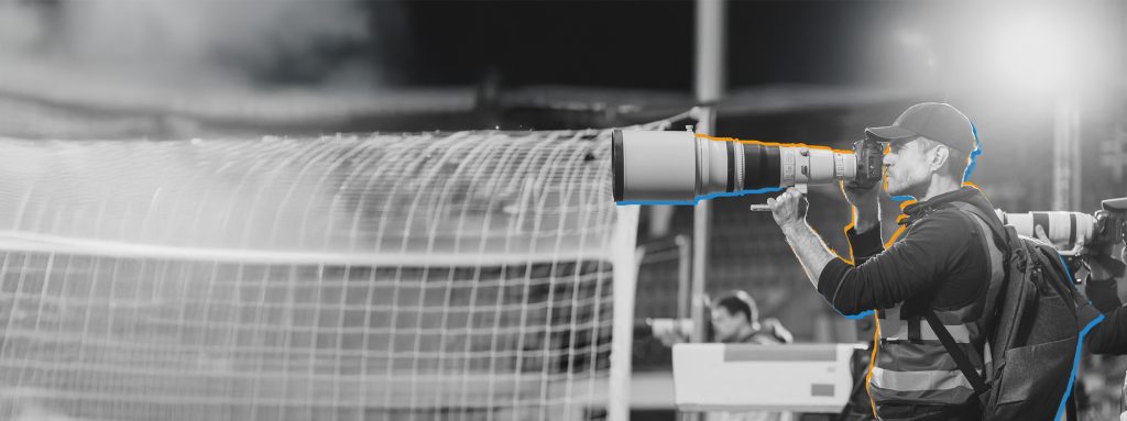 Professional Press Officer, Sports Photographers with Camera with Zoom Lens Shooting Football Championship Match on Stadium. International Cup, World Tournament Event. Photography, Journalism, Media